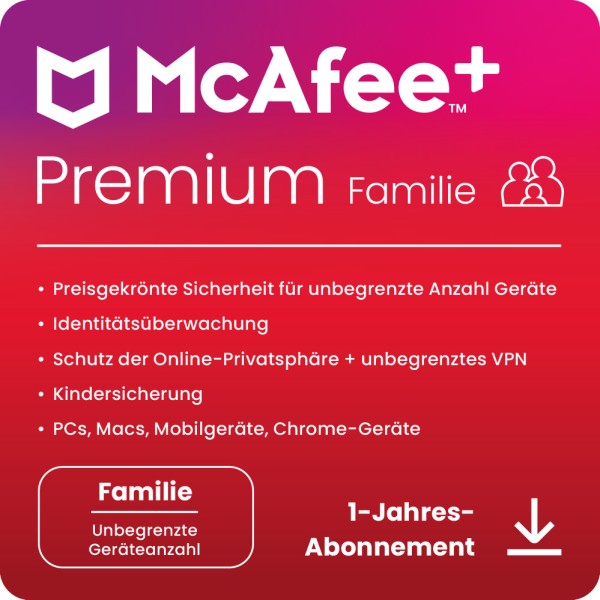 McAfee+ PREMIUM Family Security - 2+4 Nutzer / Unbegrenzte-Geräte / 1 Jahr