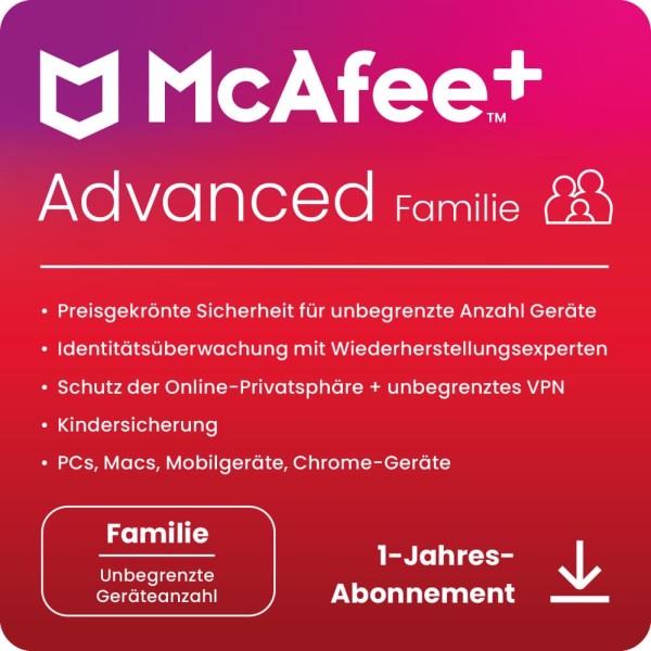 McAfee+ ADVANCED Family Security - 2+4 Nutzer / Unbegrenzte-Geräte / 1 Jahr